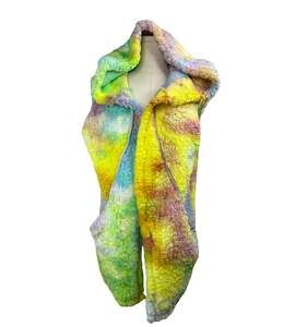 Cozy Sleeveless Pastel Tie-Dye Sherpa Vest with Hood Sz. Small Women’s Regular